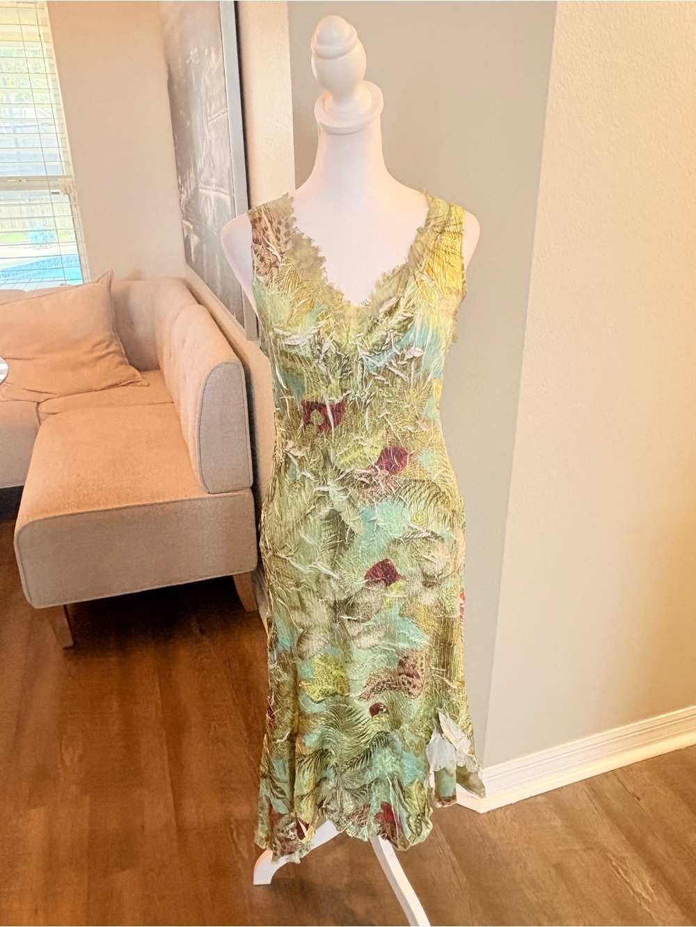 Komarov Green Multi-Leaf V-Neck Midi Dress with Teal & Rust Accents